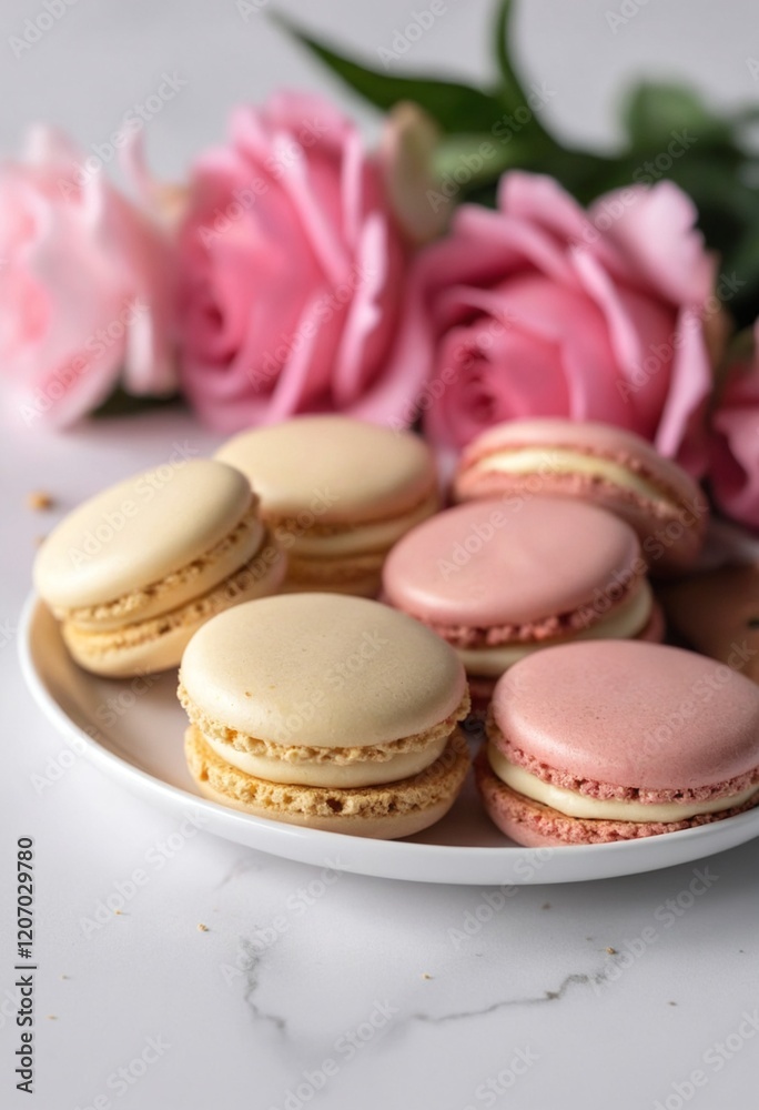 Obraz premium Macaroons with a bouquet of pink flowers on a blurred background