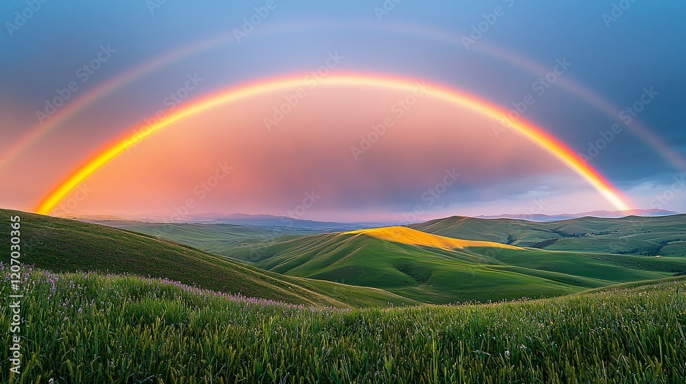 Double rainbow arching over rolling green hills at sunset. Double rainbow arching over rolling green hills at sunset.