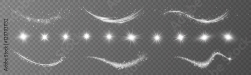 Set of lighting effects. Wind glare, explosions, dust, lines, sun glare, sparks, sparkles, stars, curved curls. Glowing light with special effect	