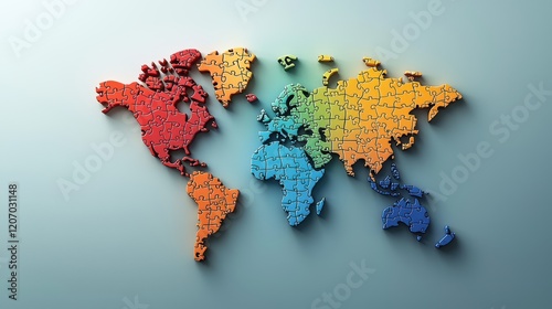 Multicultural or Global Team Colorful puzzle pieces fitting together to form a world map, symbolizing the collaborative efforts of a global team.