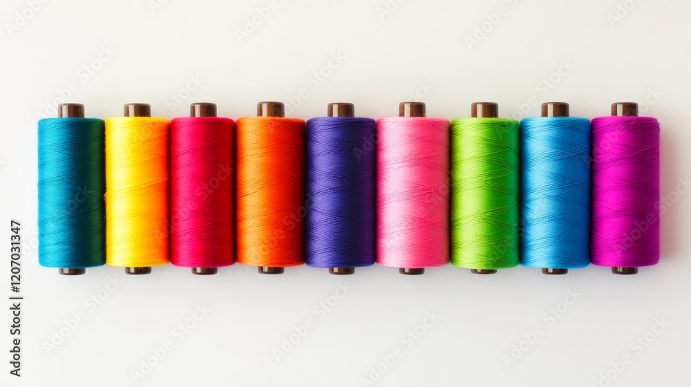 Row of colorful spools of thread. The spools are arranged in a line, with the colors ranging from yellow to purple. The spools are all different sizes Row of colorful spools of thread. The spools are arranged in a line, with the colors ranging from yellow to purple. The spools are all different sizes
