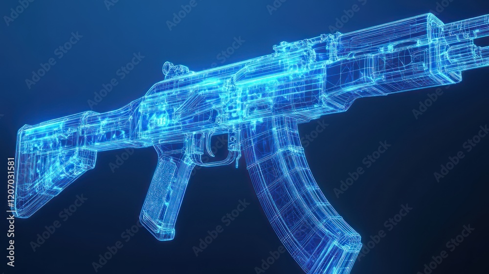 Obraz premium Futuristic neon blue AK-47 hologram. Detailed 3D wireframe model.