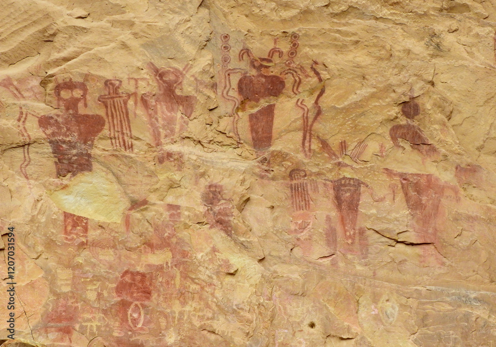 Naklejka premium ancient, barrier canyon style native american pictographs in sego canyon, near thompson, utah 