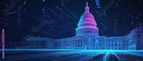 Futuristic neon blue and neon pink digital Capitol Building hologram. Detailed 3D wire frame model.