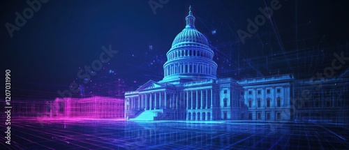 Futuristic neon blue and neon pink digital Capitol Building hologram. Detailed 3D wire frame model.