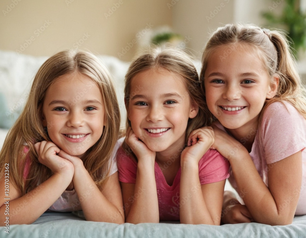 Drei sechsjährige Mädchen sitzen lächelnd nebeneinander zuhause Drei sechsjährige Mädchen sitzen lächelnd nebeneinander zuhause