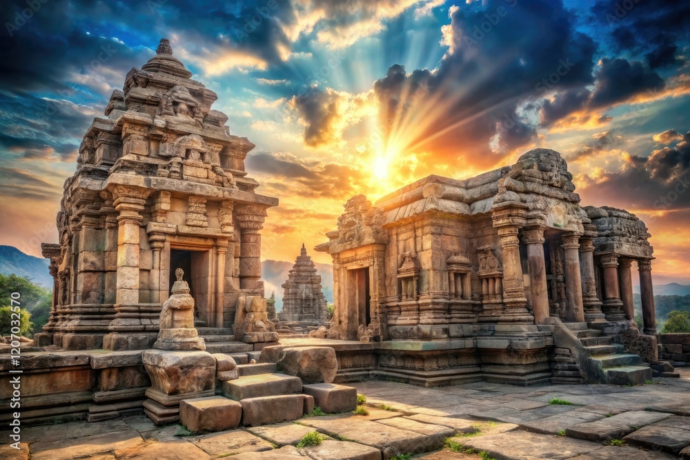 Naklejka premium Ancient ruins with intricate stone carvings and mysterious energy, ruined landscapes, symbolic art, eerie ambiance, mystic designs