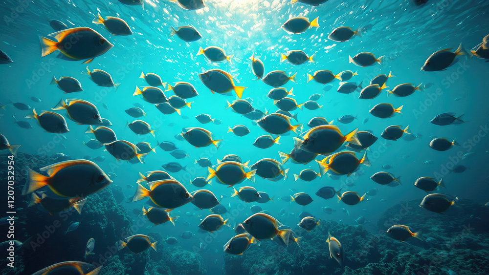 Fototapeta premium Aquamarine waters with schools of colorful fish swimming in the depths, swimming fish, aquamarine water, oceanic ecosystem
