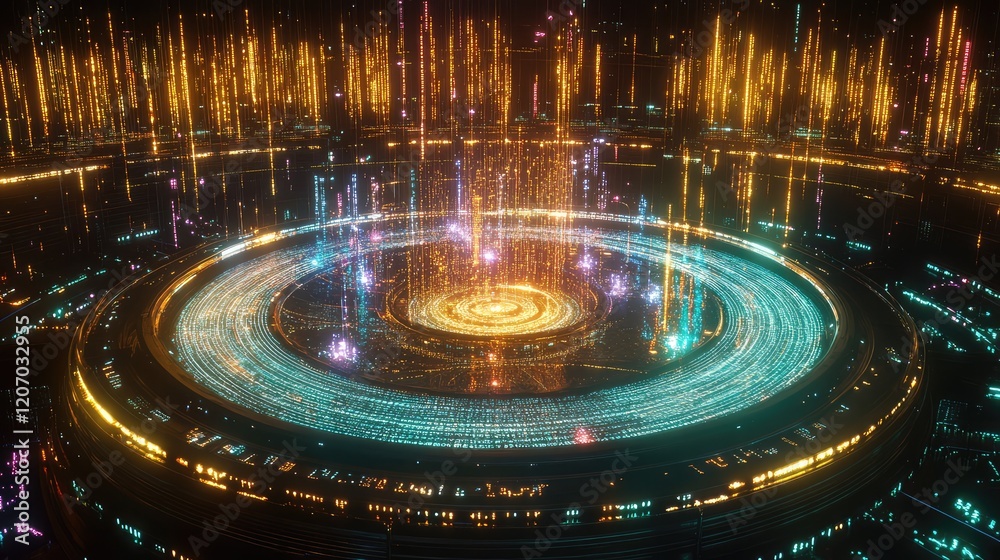 Obraz premium Abstract glowing network grid with holographic data analytics displays, surrounded by binary code streams