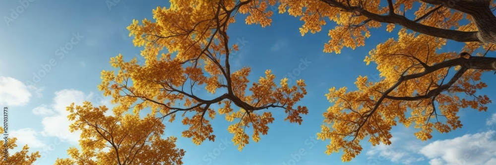 Autumnal colors of the walnut tree against a blue sky, sky, nature Autumnal colors of the walnut tree against a blue sky, sky, nature
