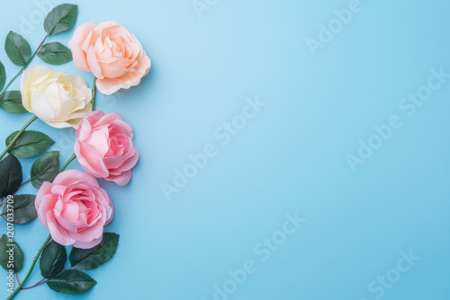 Roses with leaves arranged on pastel blue background, creating soft and elegant composition