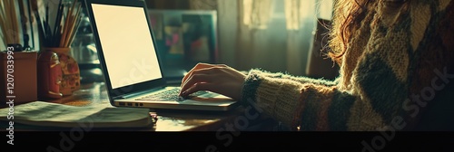 Sunny Home Office: Woman Typing on Blank MacBook Screen. Creative Abstract Marketing Background with Bokeh Effect. Versatile Design for Posters, Banners, and Digital Media Showcasing Remote Work and T