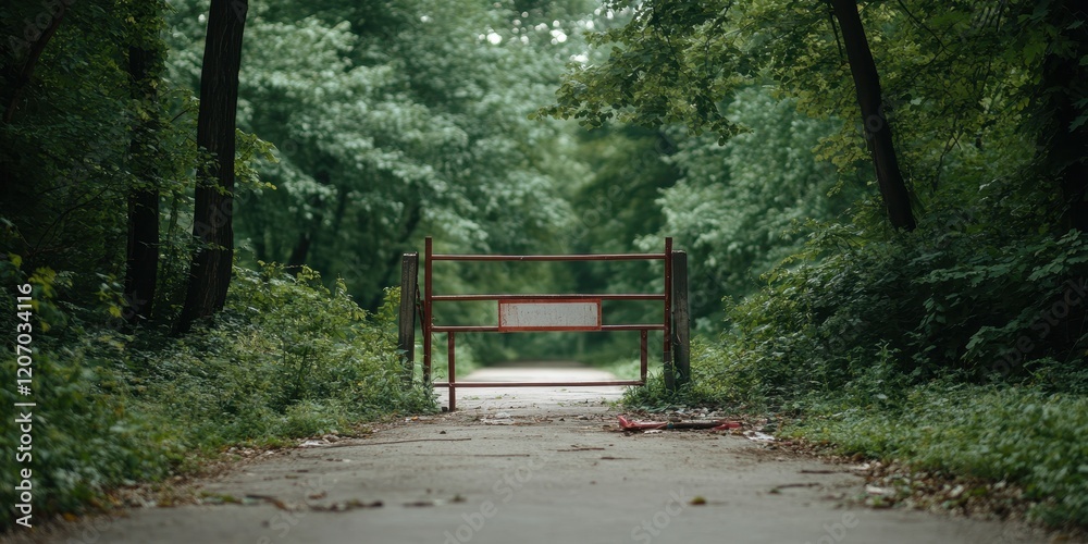 Travel restrictions and compliance concept. Forest gate blocking a path surrounded by lush greenery. Travel restrictions and compliance concept. Forest gate blocking a path surrounded by lush greenery.