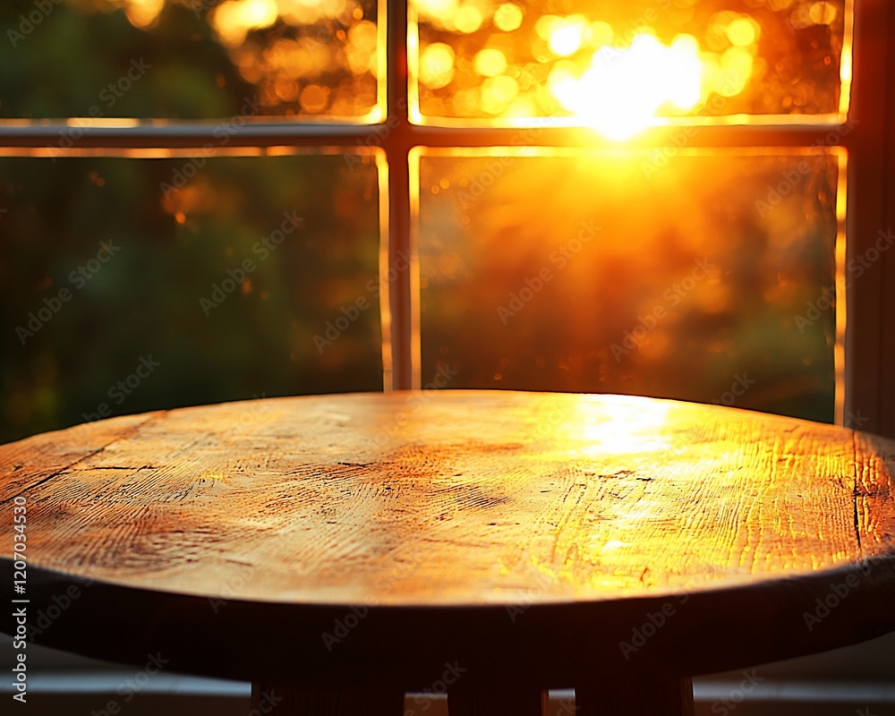 Obraz premium Sunset view through window, wooden table.