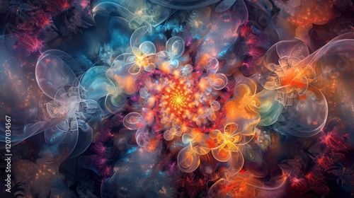 Abstract Swirling Fractal with Bright Colors and Spiral Center