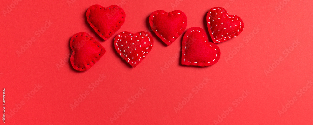Top view of textile hearts on colorful background. Valentine's day concept with copy space Top view of textile hearts on colorful background. Valentine's day concept with copy space