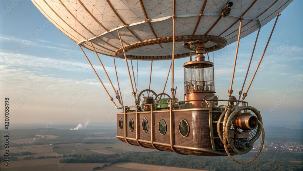Naklejka premium A steam-powered airship soars through the sky with copper pipes and brass fixtures, copper, transportation, steampowered, industrial
