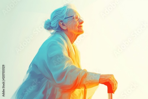 An elderly woman with glasses, hair in a bun, looks upward, holding a cane, bathed in warm sunlight.