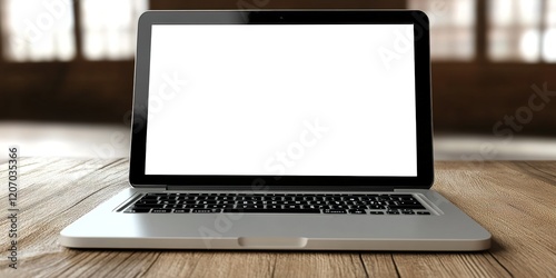Sunny Home Office: Woman Typing on Blank MacBook Screen. Creative Abstract Marketing Background with Bokeh Effect. Versatile Design for Posters, Banners, and Digital Media Showcasing Remote Work and T