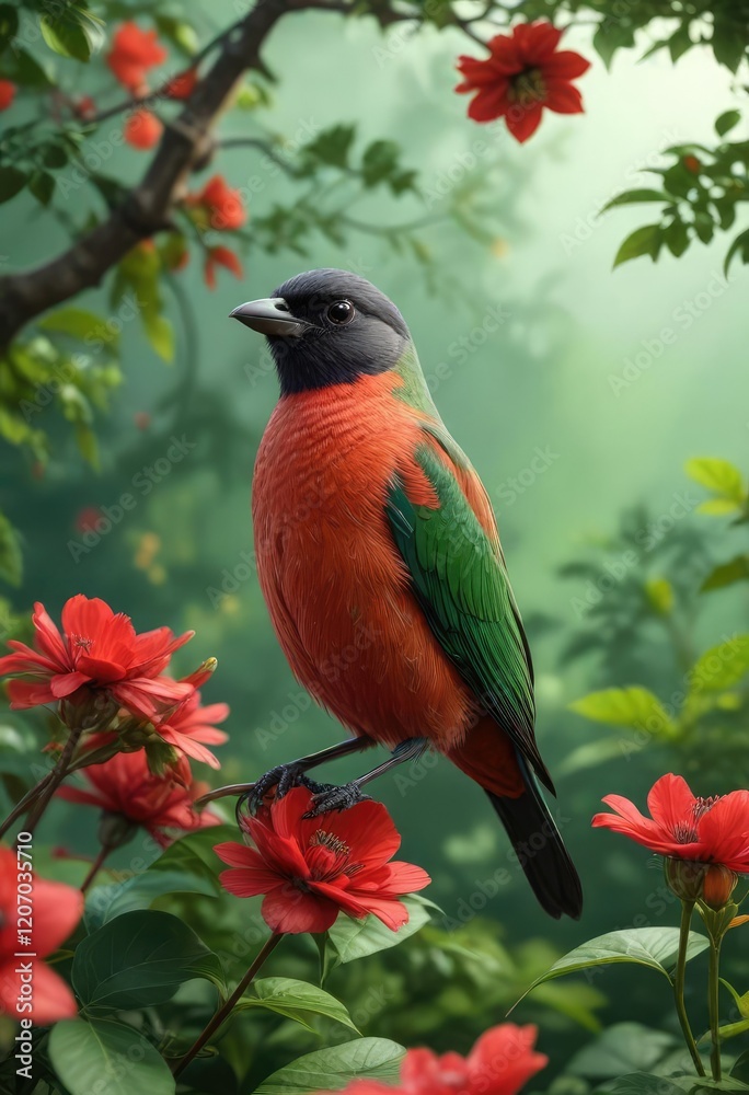Fototapeta premium Bird perched on a red flower with vibrant green leaves, branch, flower, wildlife