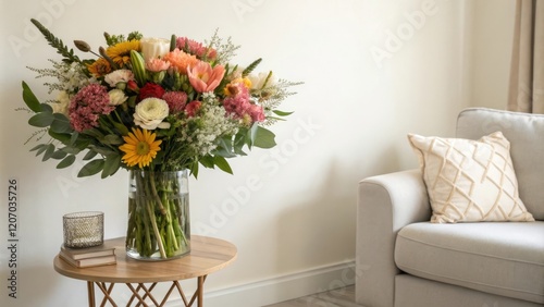 Wallpaper Mural A stunning bouquet of flowers is placed against a neutral-colored wall in a minimalist living room, clean lines, flower bouquet, wall decoration Torontodigital.ca