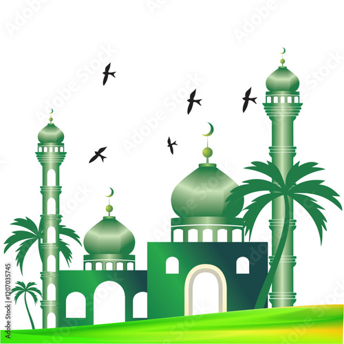 VECTOR OF A MOSQUE WITH GREEN DOMES AND TOWERS, COCONUT TREES, FLYING BIRD