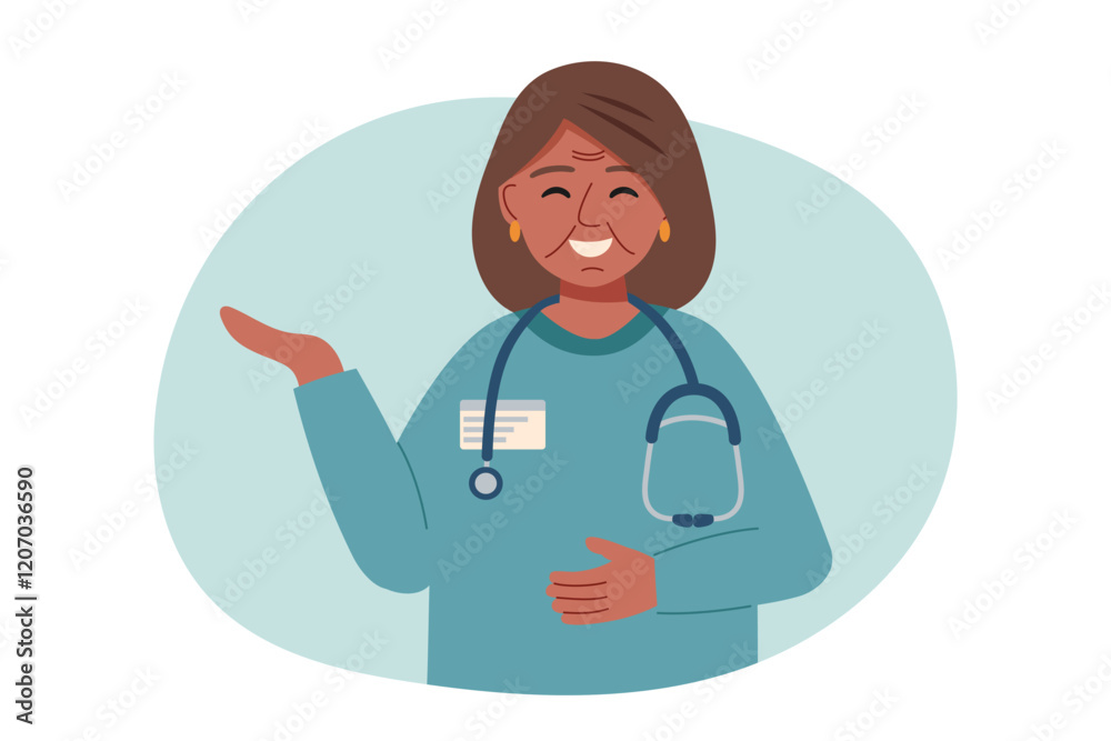 Obraz premium Portrait of doctor woman isolated on white. Concept of medicine, healthcare, clinic, assistance. Vector hand drawn illustration.