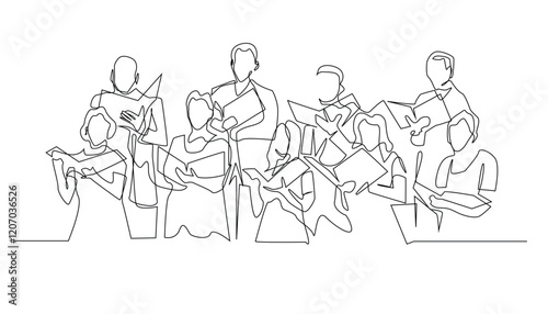 Group of People Singing from Sheet Music - Line Art vector Illustration