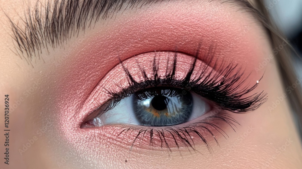 Obraz premium Intense makeup artistry showcases a stunning close-up of a beautifully enhanced eye with vibrant pink hues and voluminous lashes during a creative beauty session