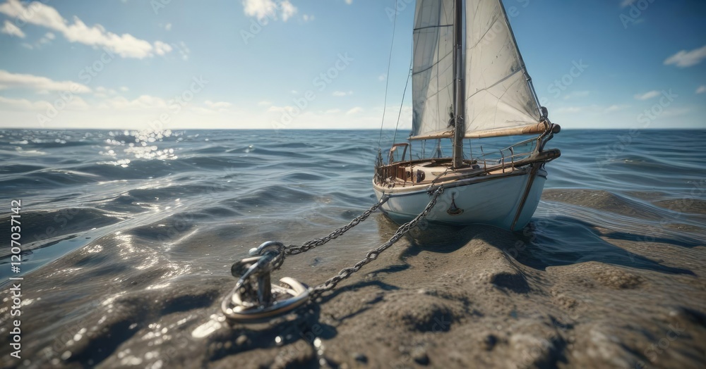 Fototapeta premium A tiny sailboat secured to the seafloor with an anchor chain , underwater, chain