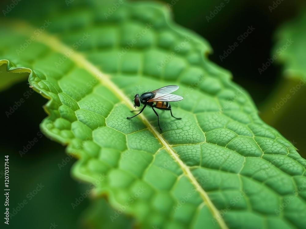 A tiny fly hovering around a delicate green leaf with intricate veins and small ridges, aerial view, nature scene, outdoor landscape A tiny fly hovering around a delicate green leaf with intricate veins and small ridges, aerial view, nature scene, outdoor landscape