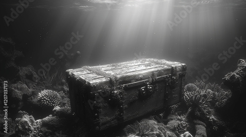 Treasure chest lying on the ocean floor surrounded by coral and marine life photo