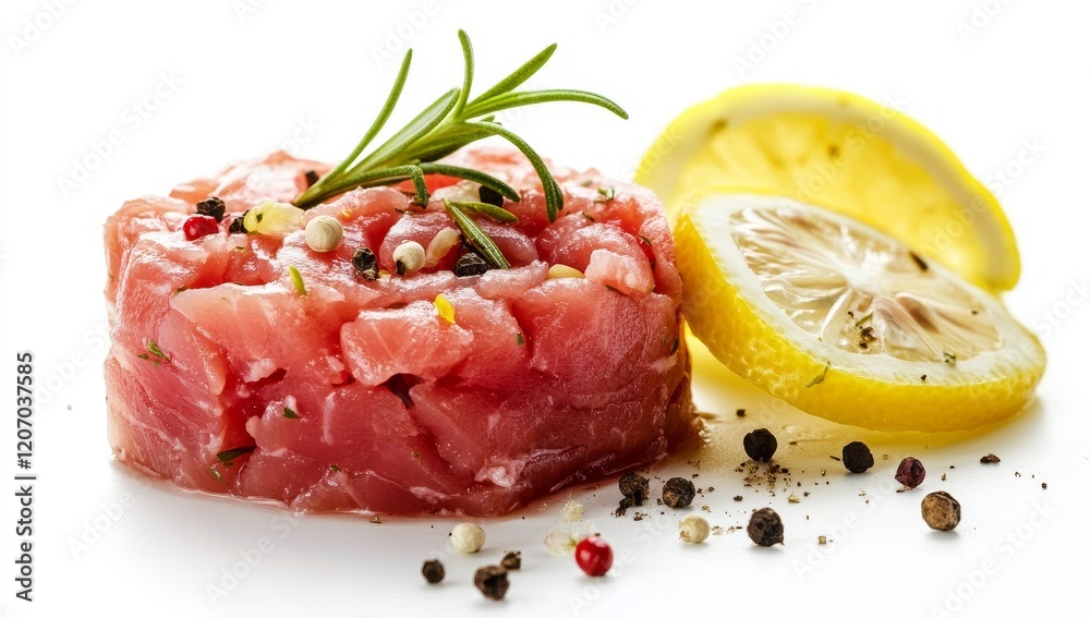 Fresh tuna tartare with lemon and herbs.