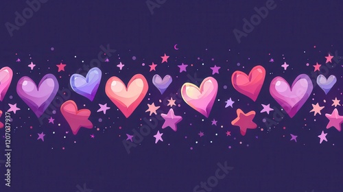 Seamless Heart and Star Pattern on Dark Purple Background