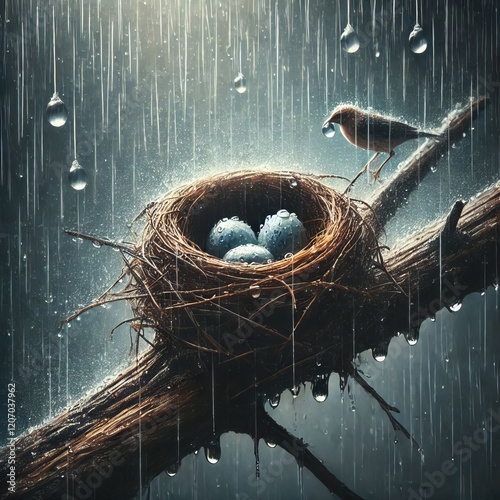 Rain on a Bird s Nest Raindrops falling on a bird s nest possibl photo