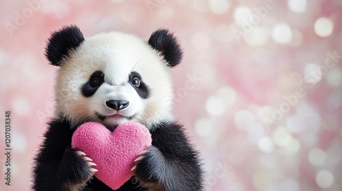 Sweetheart panda cub holds plush heart surrounded by soft pink background creating a charming and adorable backdrop celebrating love and friendship