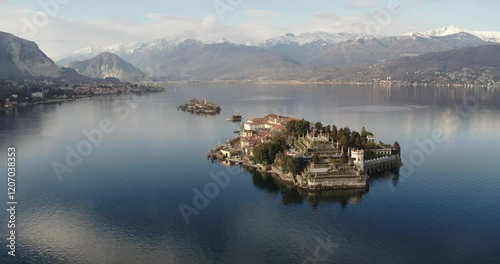 Aerial view of islands and mountains, isola Bella, lake Maggiore, Piedmont, Italy
