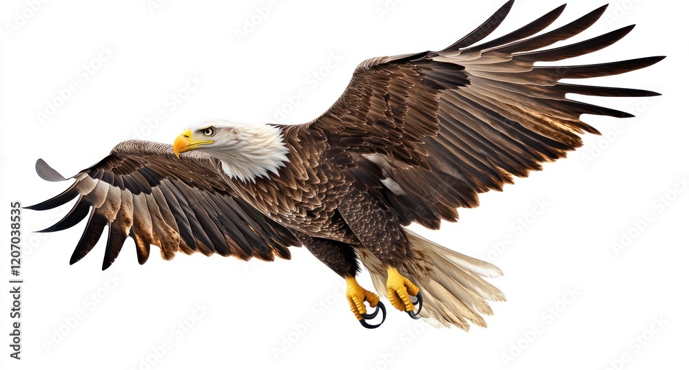 Majestic white-tailed eagle in flight, full-body pose with spread wings and sharp talons isolated on a white background Majestic white-tailed eagle in flight, full-body pose with spread wings and sharp talons isolated on a white background