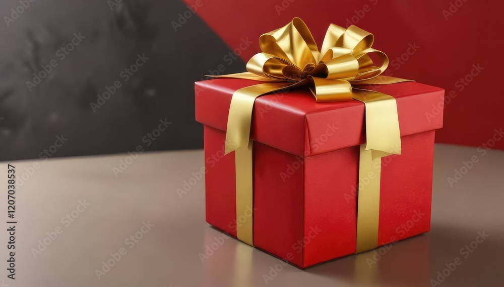 Obraz premium A vibrant red gift box with a beautiful golden bow on top, festive, holiday decor , bow