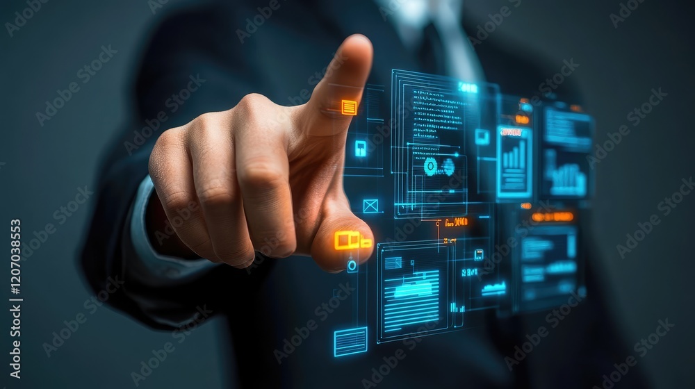 Fototapeta premium Advanced technology interface with glowing text prompts evolving into realistic images in a dynamic digital environment with vibrant light effects