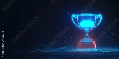 Neon blue glowing trophy cup on a dark background with a hologram effect and light lines, a virtual award concept for a winner or champion in a sport competition
