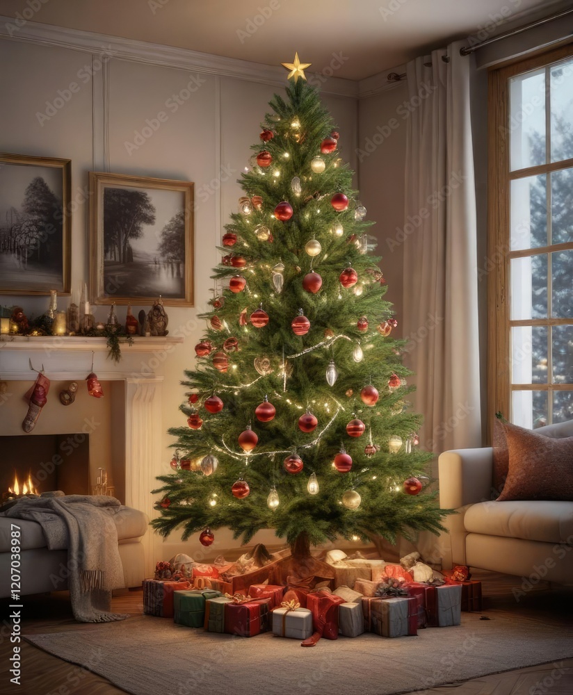 Christmas tree decorated with ornaments and lights in a cozy living room , homey feel, inviting space Christmas tree decorated with ornaments and lights in a cozy living room , homey feel, inviting space