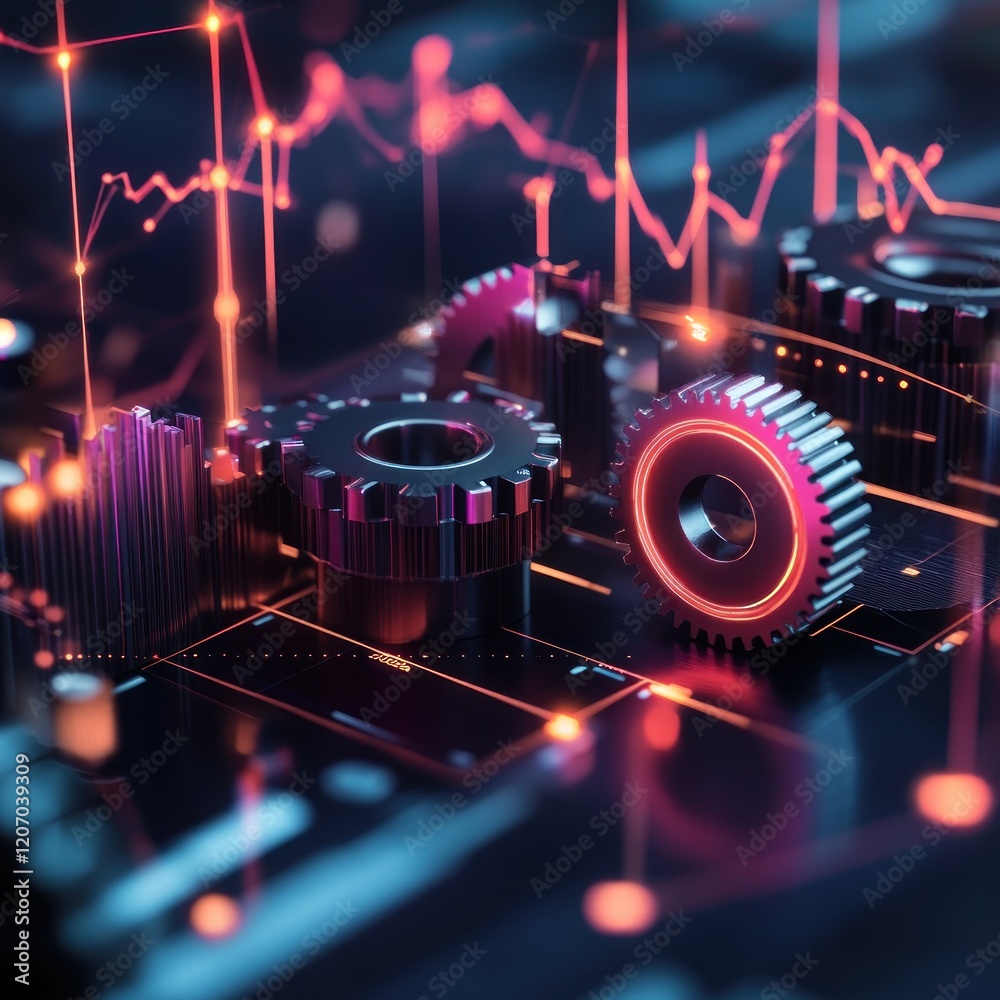 Fototapeta premium Abstract representation of technology and innovation featuring colorful gears, digital graphs, and glowing data signals in a futuristic environment