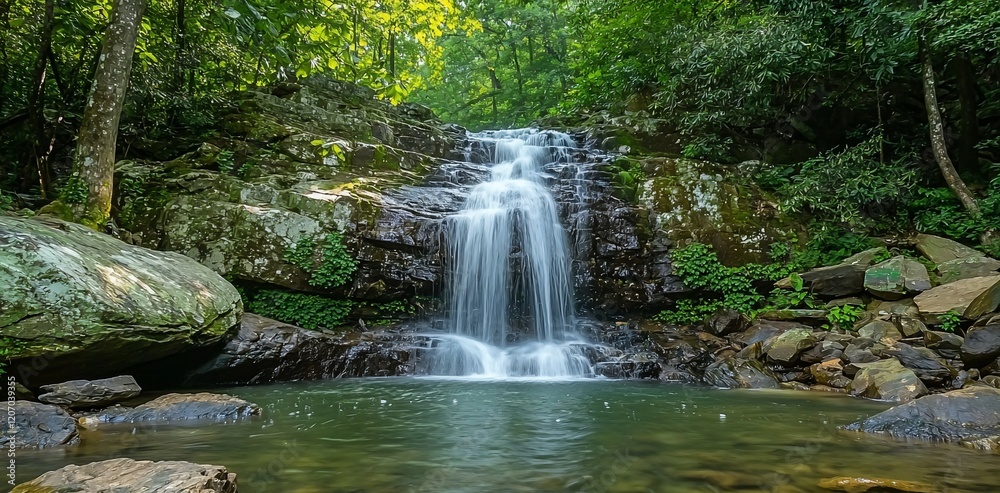 Serene waterfall cascading over rocks into a tranquil pool, surrounded by lush green forest. Serene waterfall cascading over rocks into a tranquil pool, surrounded by lush green forest.