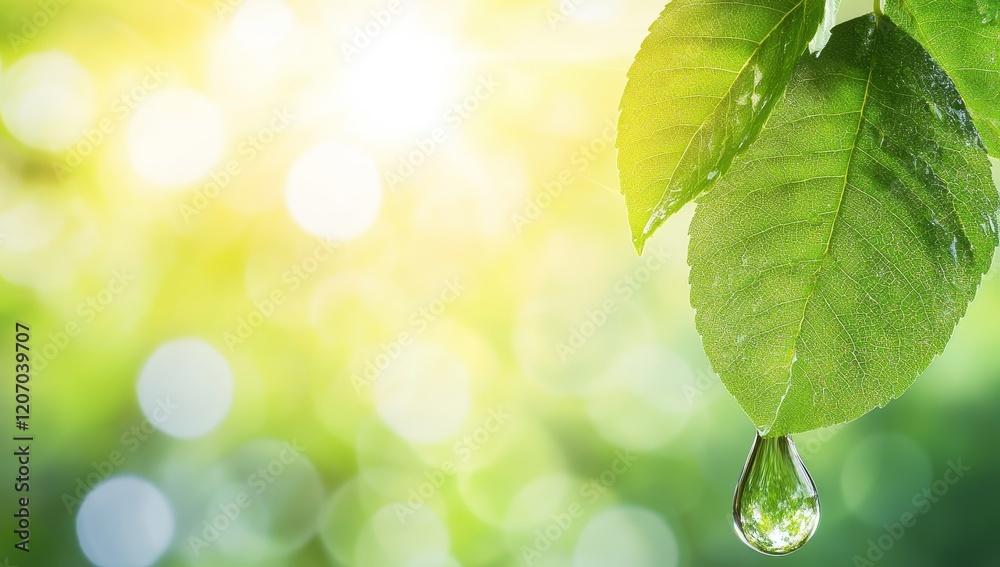 Naklejka premium Dewdrop on vibrant green leaf with blurred sunny background.