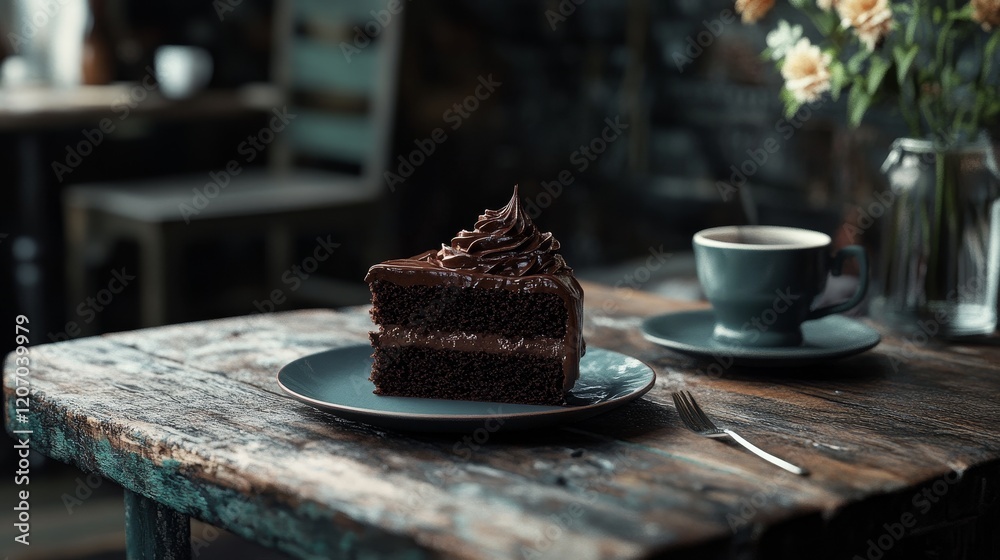Rustic cafe table with delicious chocolate cake slice and rich frosting Rustic cafe table with delicious chocolate cake slice and rich frosting