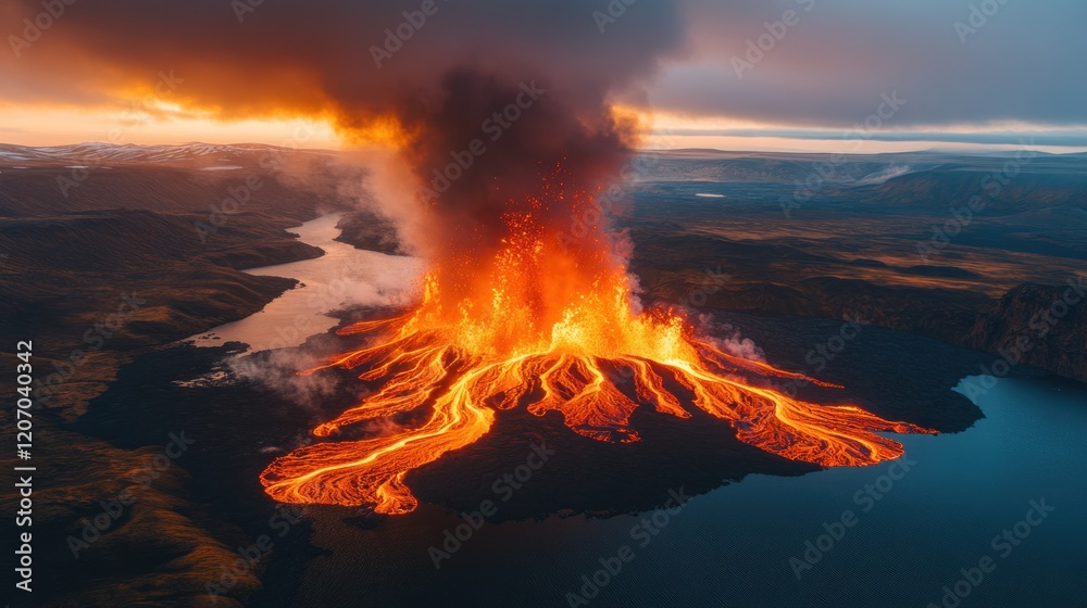 Aerial volcanic eruption Iceland sunset landscape Aerial volcanic eruption Iceland sunset landscape