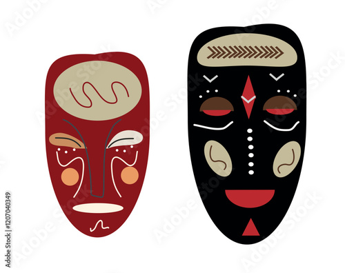 Traditional African Masks Vector Illustration Black and red ethnic Masks