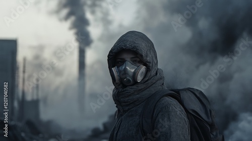 Resilient figure stands against a backdrop of industrial decay and thick smoke in a desolate urban landscape at dusk