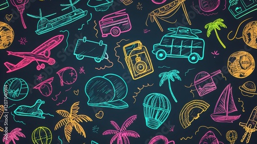 Colorful Travel Doodles Background with Plane, Camper, Van and Globe